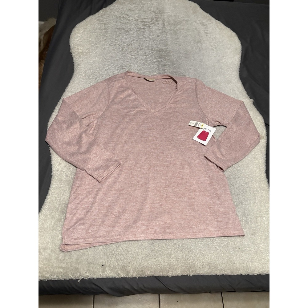 Bobbie Brooks Womens 2X Top Pink Heather V Neck Super Cozy Fleece Long Sleeve